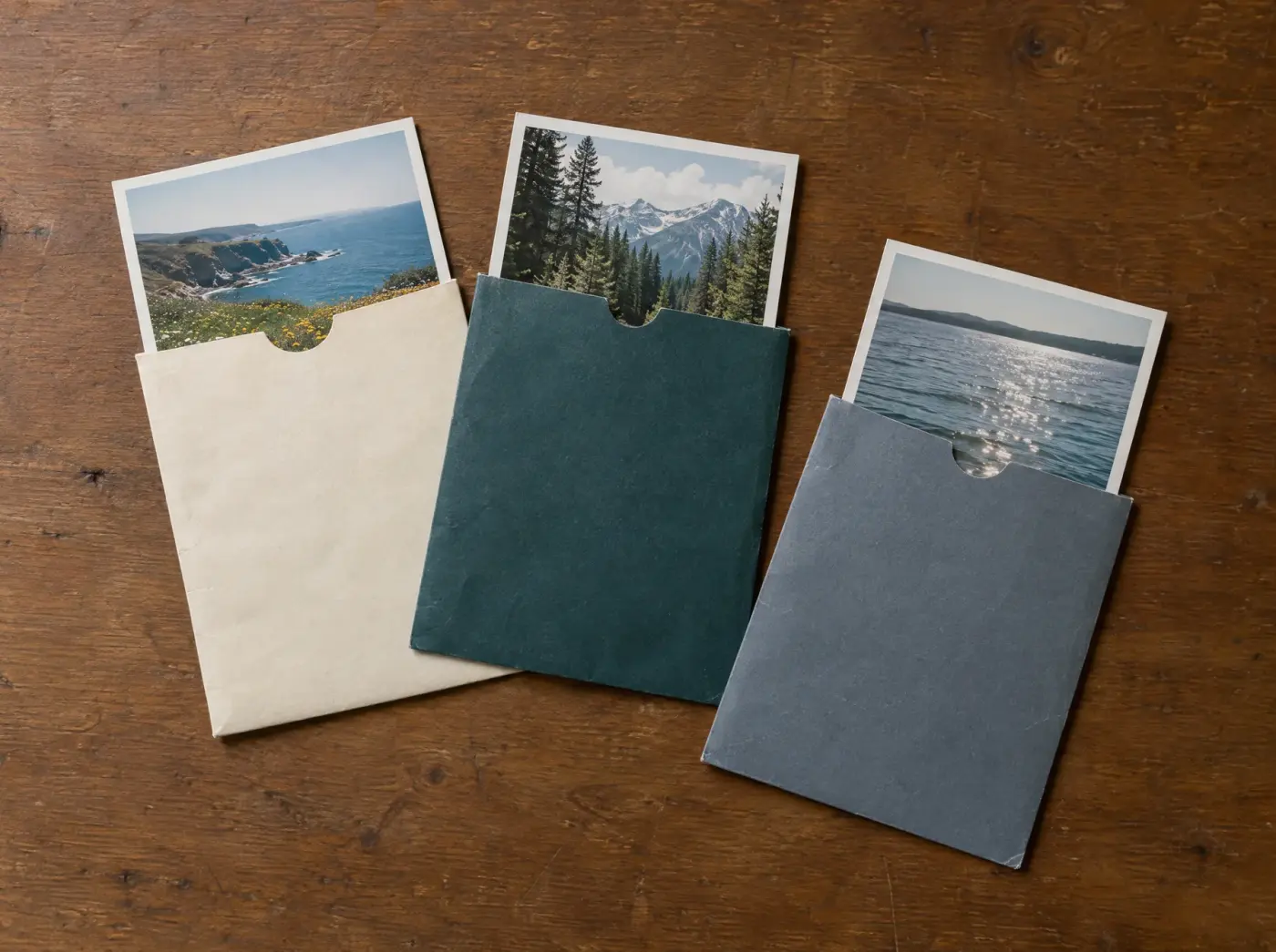 Three paper sleeves holding prints of places worth remembering