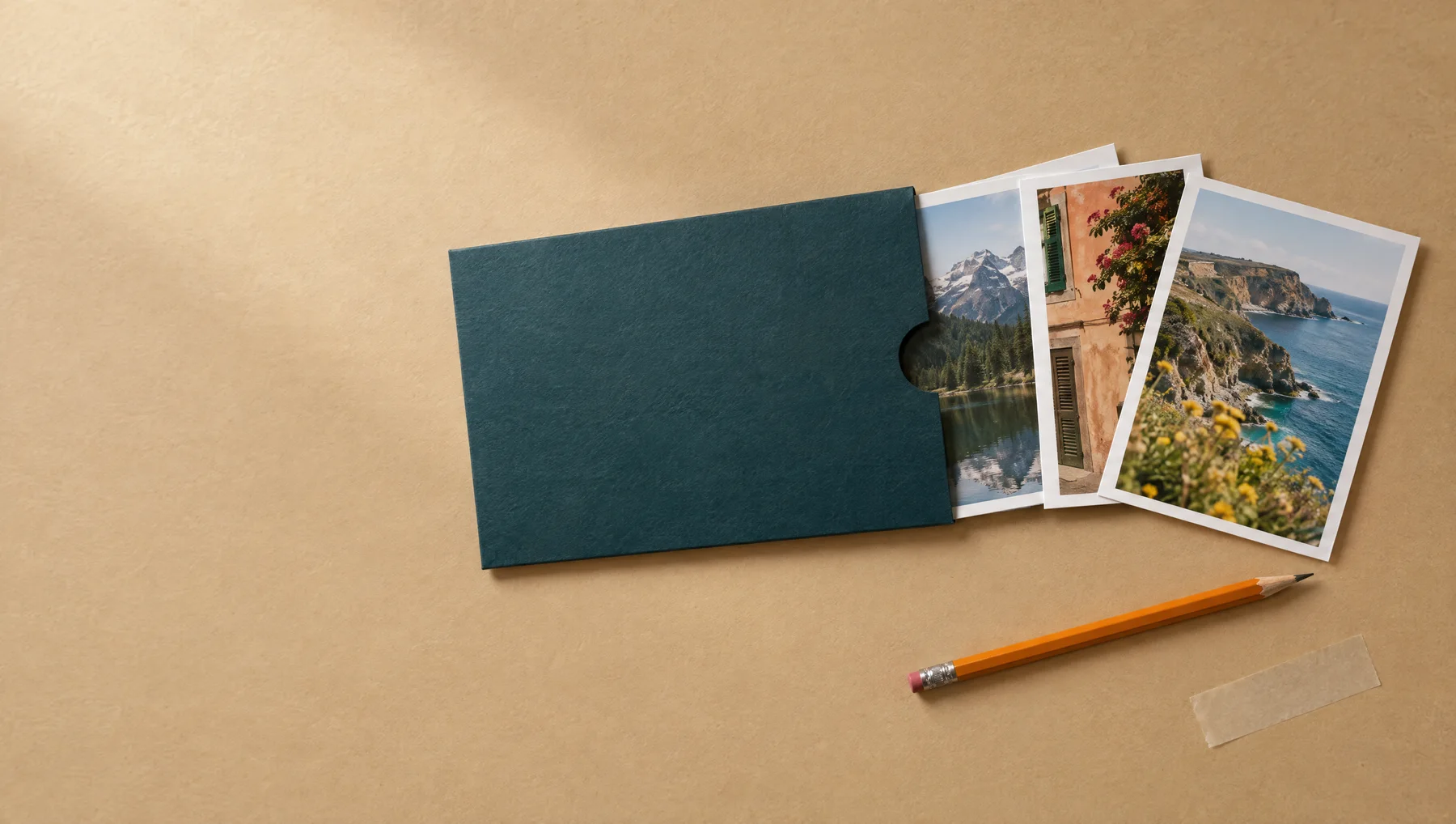 A teal paper sleeve, favorite photographic prints, and an orange pencil
