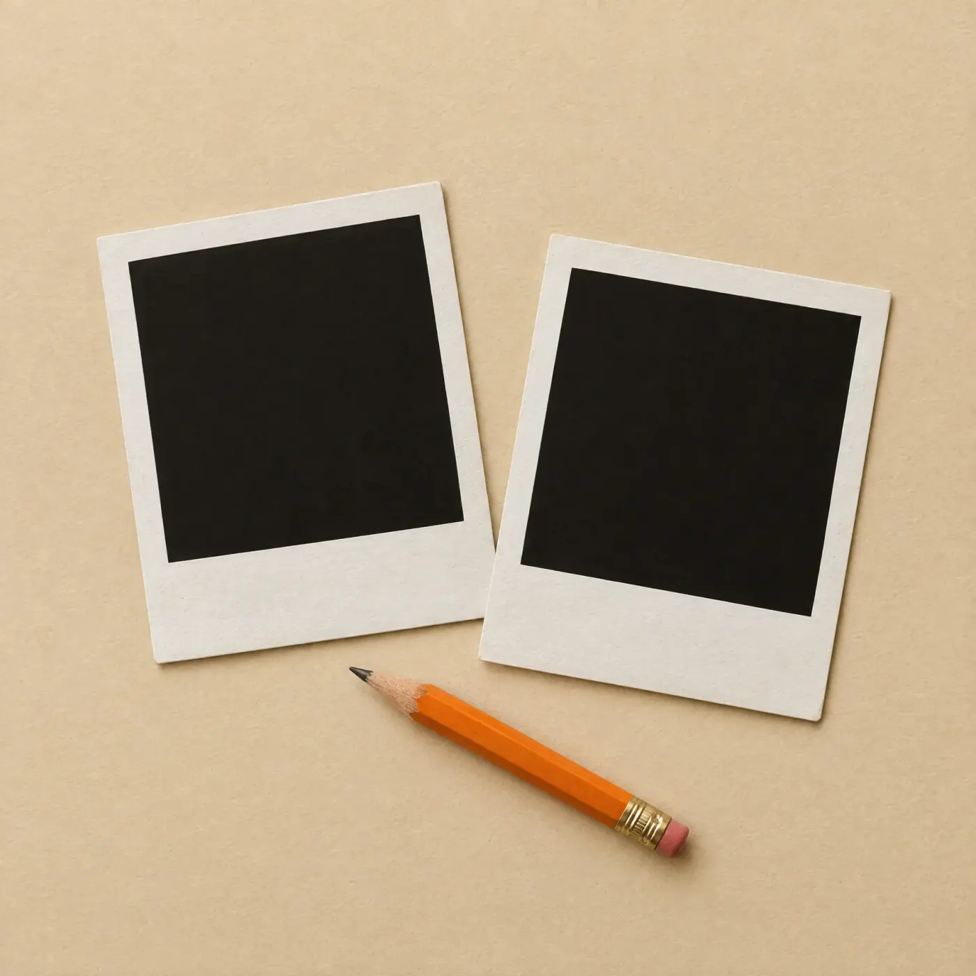 Two instant-photo frames and a short orange pencil